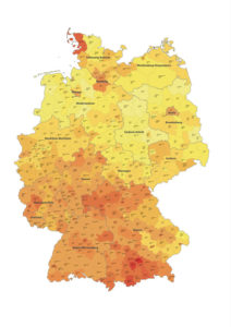 BKI-Baukosten-Regionalfaktoren für Deutschland: Je dunkler, umso teurer sind die Baukosten.