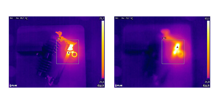 Abb. 2: Fokussiertes Wärmebild (links) mit Maximaltemperatur Tmax=89,7 °C und nicht fokussiertes Wärmebild (rechts) mit Maximaltemperatur Tmax = 73,7 °C.