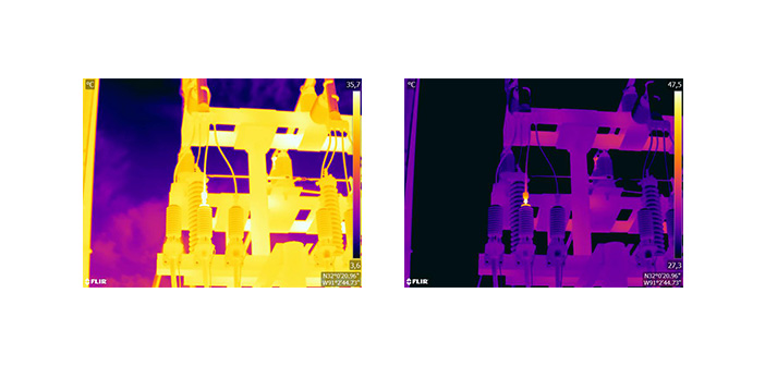 Abb. 8: Wärmebild im automatischen Modus (links) und im manuellen Modus (rechts). Das angepasste Temperaturintervall erhöht den Kontrast im Bild und lässt die Fehlstelle deutlich werden.