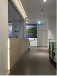 Über dem Empfangstresen wurde ein EI30-SM Brandschutzvorhang zur Abtrennung des Schwesternstützpunktes integriert.