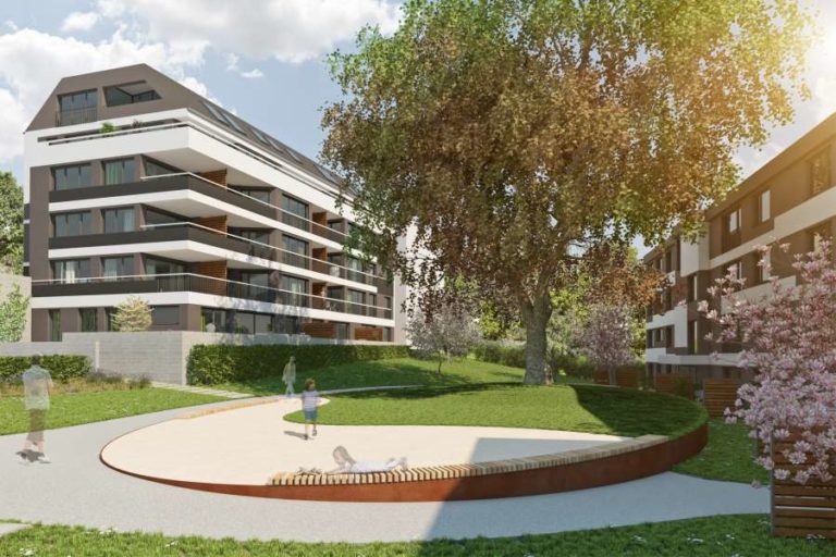 Die Visualisierung zeigt die geplanten Wohngebäude in Stuttgart-Bad Cannstatt. - © Wüstenrot Haus- und Städtebau