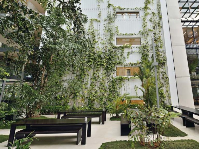 Begrünte Innenhof-Fassade lädt zum Verweilen ein Das Atrium mit der begrünten Innenhof-Fassade lädt zu einer Auszeit ein. - © Fotodesign Kissner