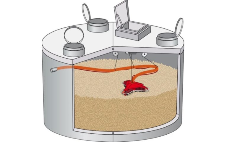 Lieferung und Lagerung von Holzpellets Isometrische Darstellung eines unterirdisch eingebauten Pelletspeichers für Großanlagen. - © Mall
