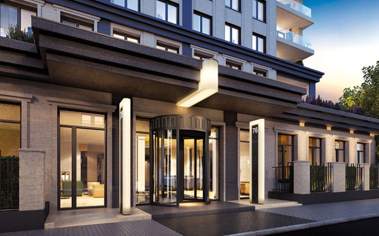 Neue Wege der städtebaulichen Einordnung von Hochhäusern Projekt Onyx – First Class Living Westend, Frankfurt/Main, Eingangsbereich bei Nacht. - alle Fotos: © Assmann beraten + planen