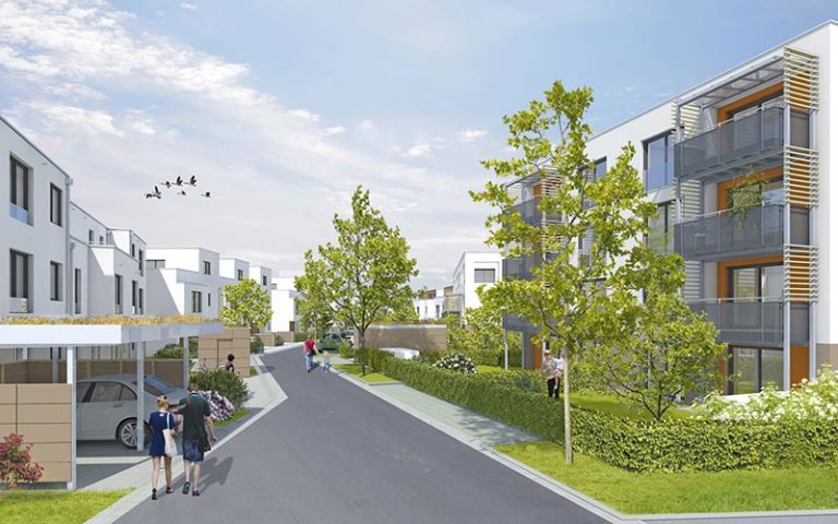 Baufeld Großreuth Grün in Nürnberg: Bauarbeiten werden fortgesetzt Auf dem ehemaligen ATV-Gelände an der Wallensteinstraße entstehen neue Eigentheime. - Bild: © wbg Nürnberg GmbH