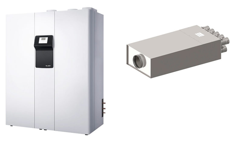 Kontrollierte Wohnraumlüftung mit System Das Integralsystem THZ 504 vereint alle wichtigen haustechnischen Funktionen: Heizen, Lüftung mit Wärmerückgewinnung, Warmwasserversorgung und Kühlung (links). Der neue Verteiler VTS-9 wird in unmittelbarer Nähe zum Lüftungsgerät eingebaut. Damit ist er am weitesten vom Auslass im Wohnraum entfernt und sorgt so für optimalen Schallschutz. (rechts)
